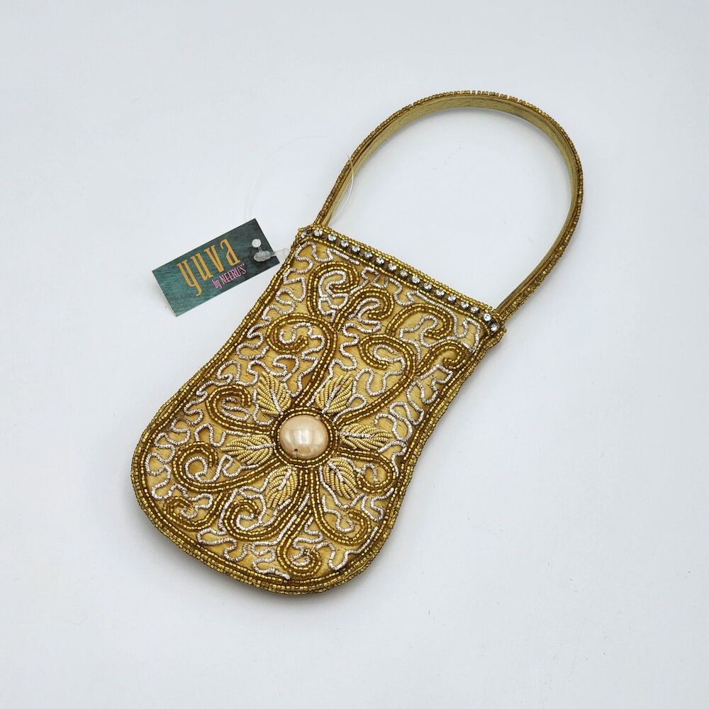 Yuva by Neeru's Vintage Gold Floral Beaded Phone Mini Bag NWT